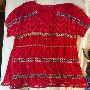 Johnny Was Red Embroidered Boho Short-Sleeve Women's Top/dress